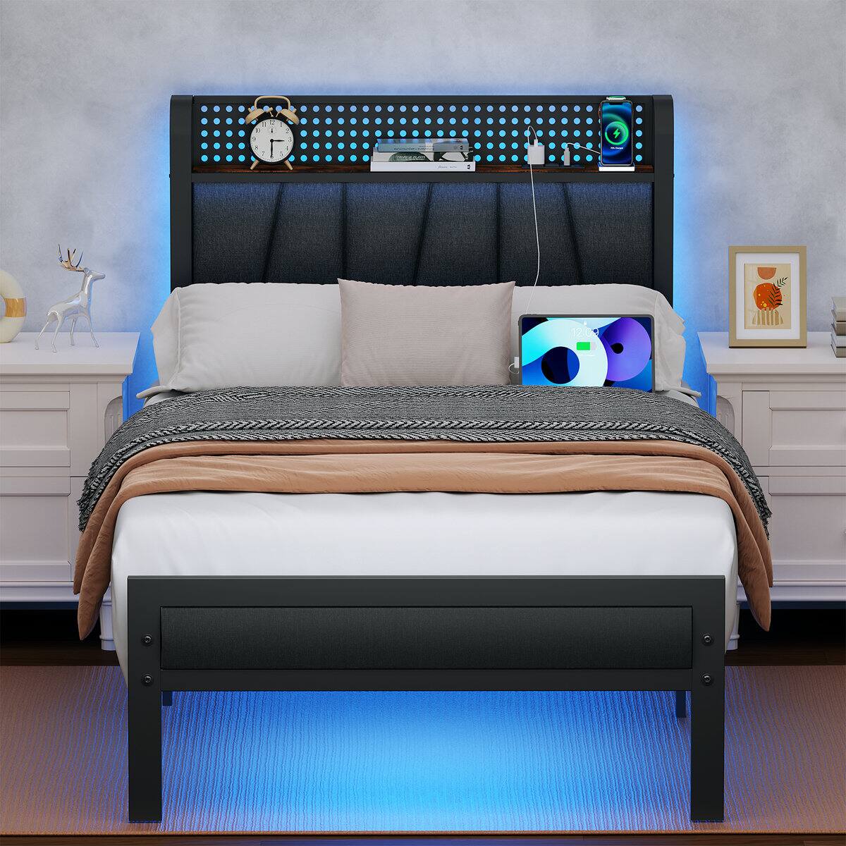 Alt View 3. Furnulem - Platform Bed Frame Upholstered Headboard LED Lights Charging Station Heavy Duty Metal Support No Box Spring Needed - Brown.