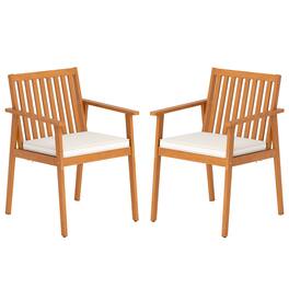 Costway - 2 PCS Patio Dining Chairs with Removable Padded Cushion Armrests Acacia Wood - Natural,White