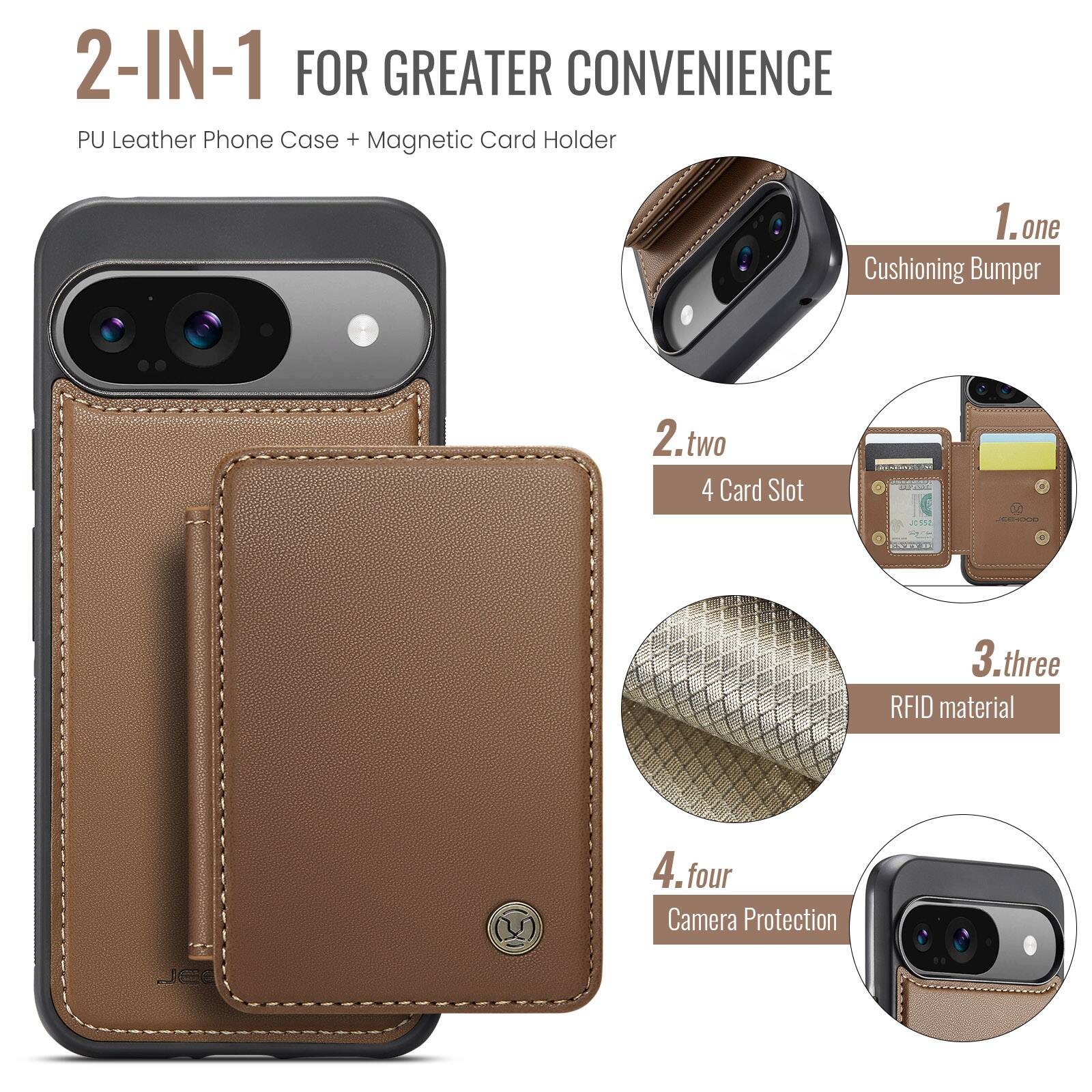 2-IN-1 FOR GREATER CONVENIENCE  
PU Leather Phone Case + Magnetic Card Holder  

1. one  
Cushioning Bumper  

2. two  
4 Card Slot  

3. three  
RFID material  

4. four  
Camera Protection