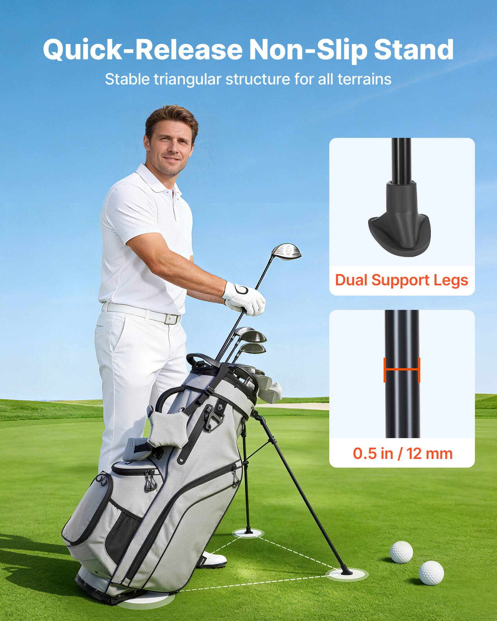 Quick-Release Non-Slip Stand  
Stable triangular structure for all terrains  

Dual Support Legs  

0.5 in / 12 mm
