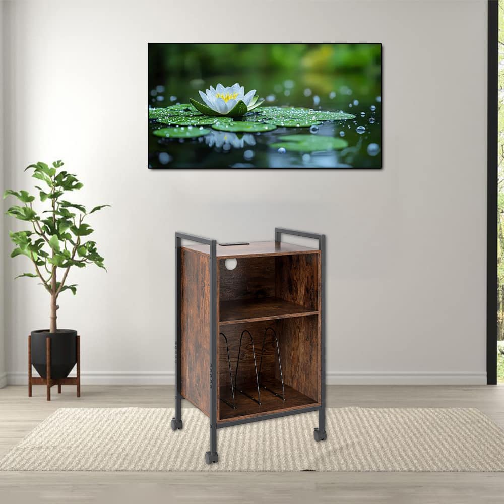 Hivvago - Rolling Turntable Stand with Built-in Power Outlet - Rustic Brown