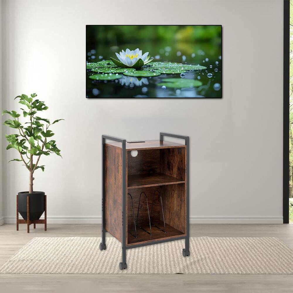 Front. Hivvago - Rolling Turntable Stand with Built-in Power Outlet - Rustic Brown.