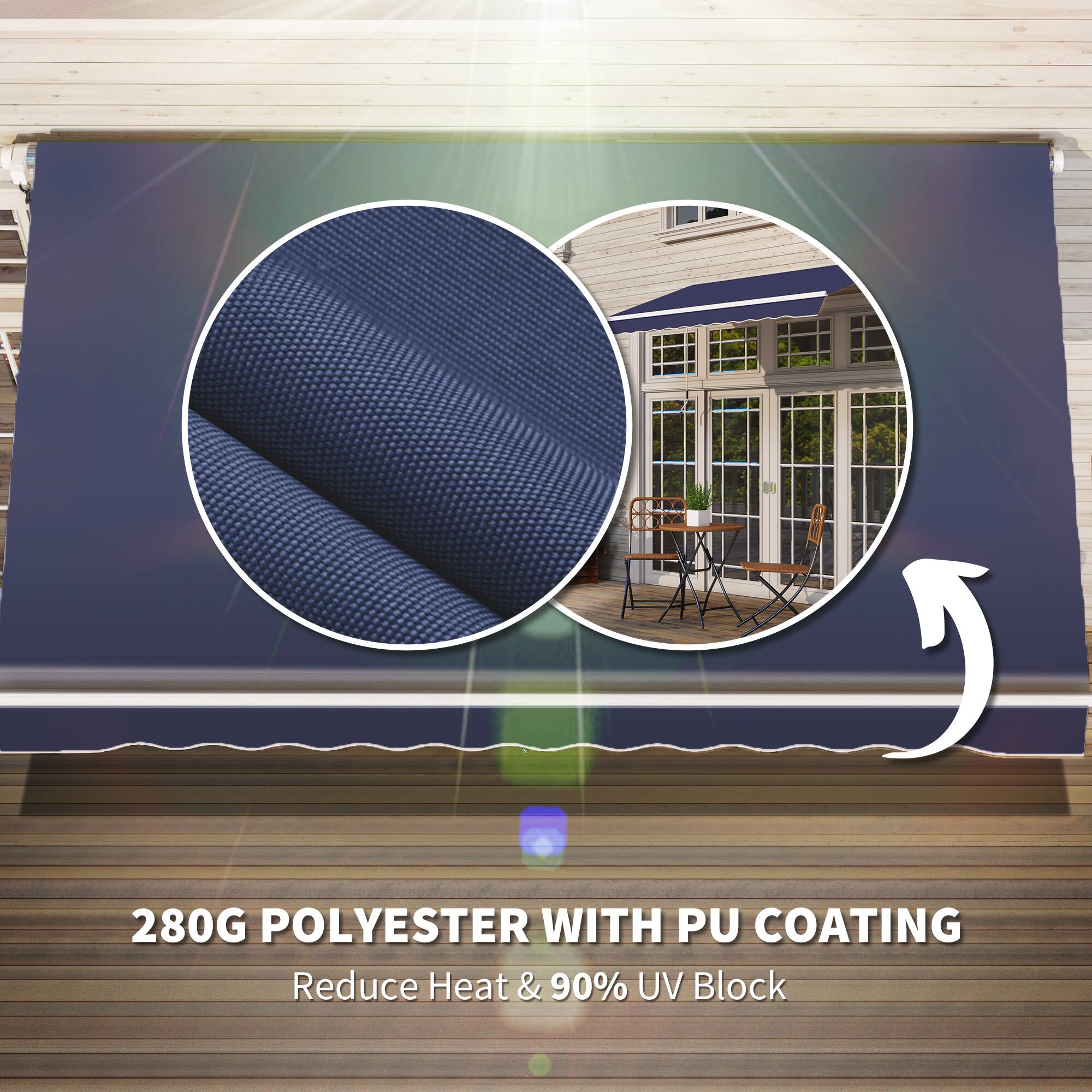 280G POLYESTER WITH PU COATING
Reduce Heat & 90% UV Block