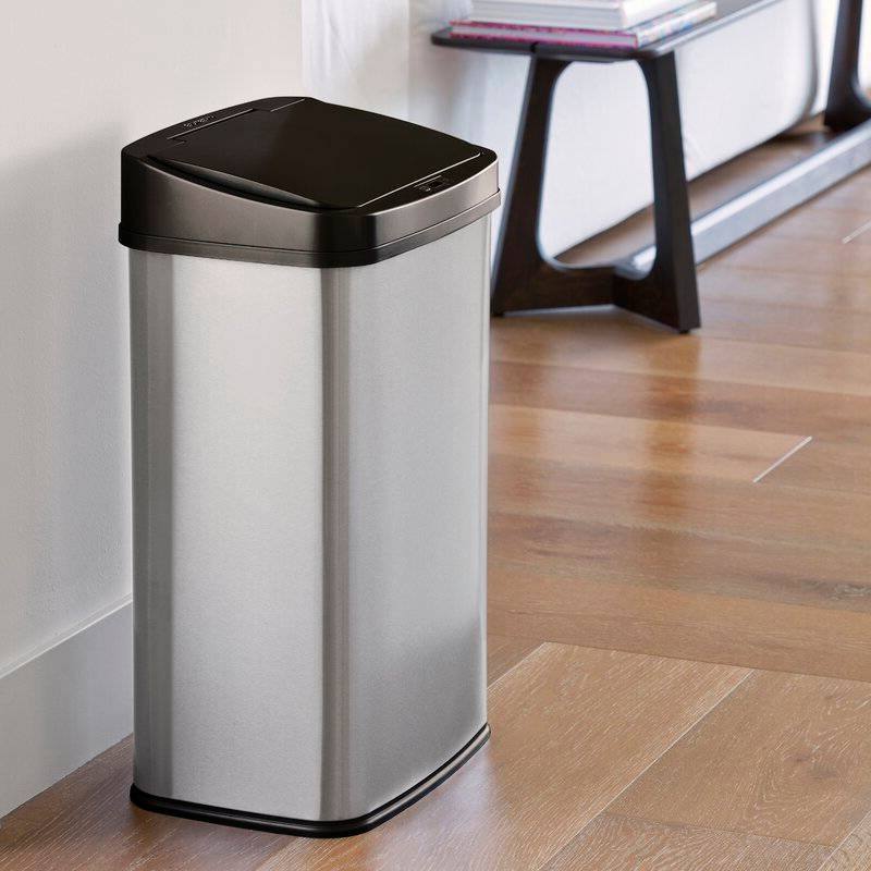 Back. Hivvago - Black Top 13-Gallon Stainless Steel Kitchen Trash Can with Motion Sensor Lid - Silver, Black.