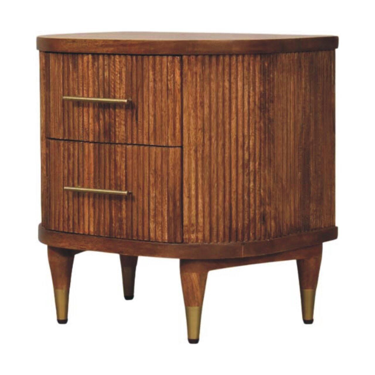 Left. Artisan Furniture - Artisan Furniture Solid Wood Ribbed Bedside with Brass Accents, 2 Drawers, Brown - Brown.