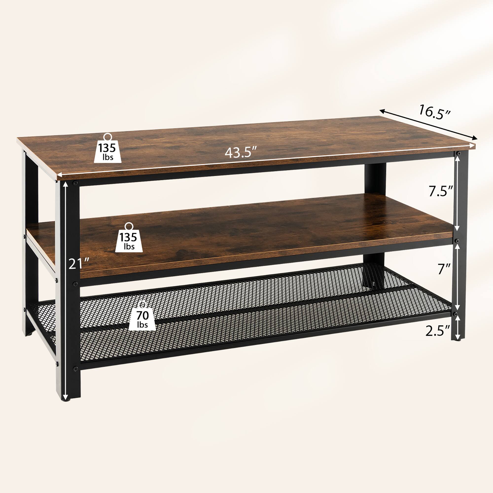 The text on the image reads: "16.5" 135 lbs 43.5" 7.5" 21" 135 lbs 7" 70 lbs 2.5"". This text is grouped as follows:

16.5" 135 lbs 43.5" 7.5" 21" 135 lbs 7" 70 lbs 2.5"

The text is describing the dimensions and weight of a wooden table.