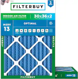 Filterbuy - 30x36x2 MERV 13 Smoke & Allergy Defense, Electrostatic Pleated HVAC AC Furnace Air Filters Replacement (2-Pack) - Blue
