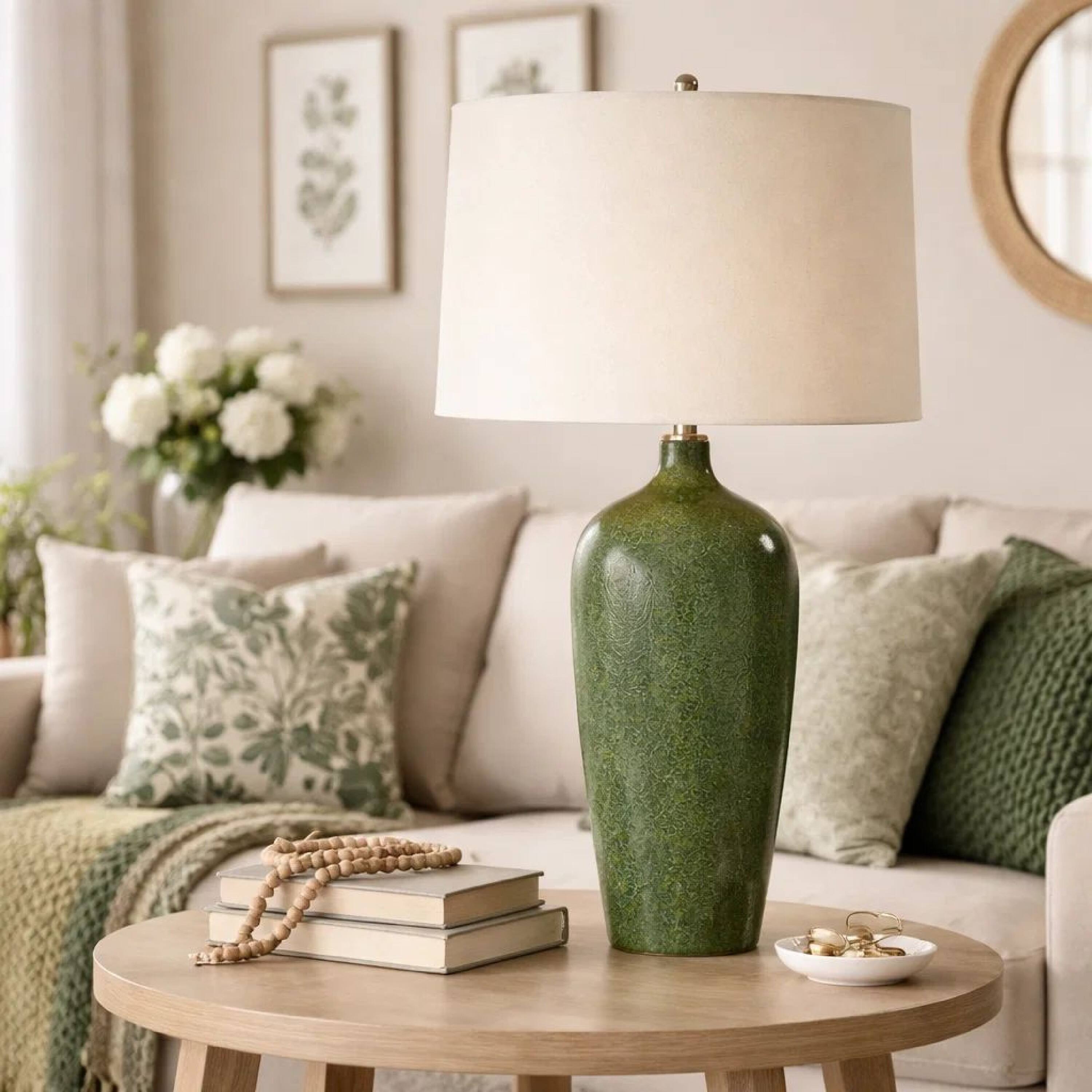 Alt View 3. Manhattan Lane - Table Lamp, Linen Shade, Ceramic 28 Inch - Emerald Green, Beige.
