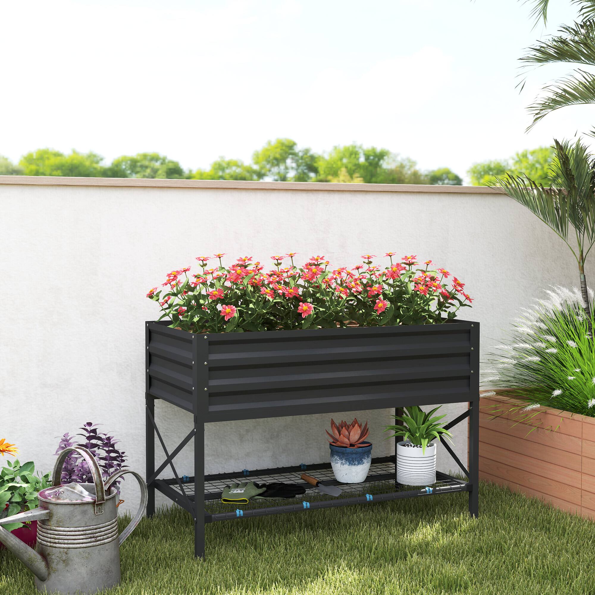 Alt View 1. Outsunny - Raised Garden Bed with Galvanized Steel Frame, Storage Shelf and Bed Liner, Elevated Planter Box with Legs - Dark Gray.