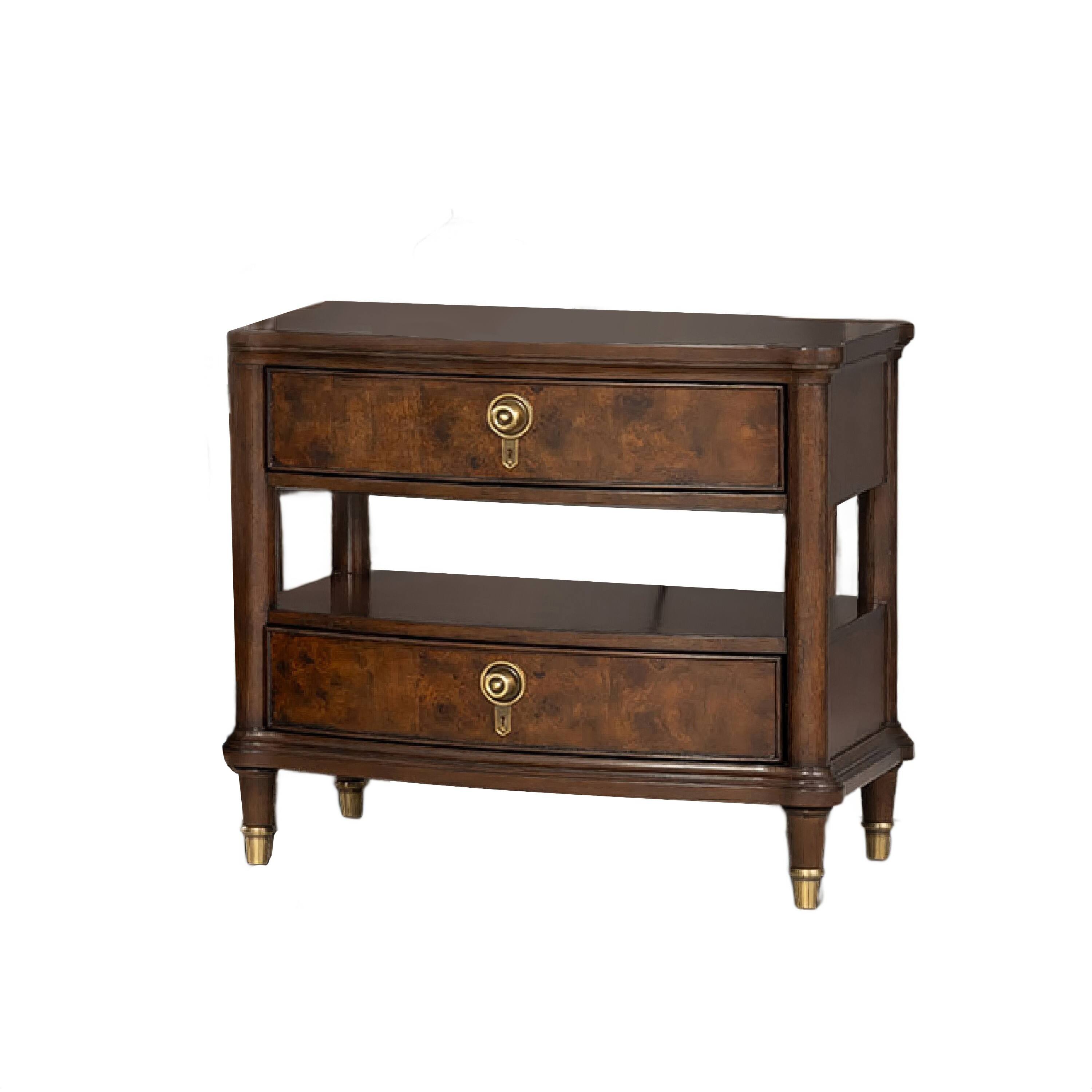 Angle. Manhattan Lane - Raam Nightstand, 2 Drawers, 1 Shelf, Capped Legs - Dark Cherry Brow, Gold.