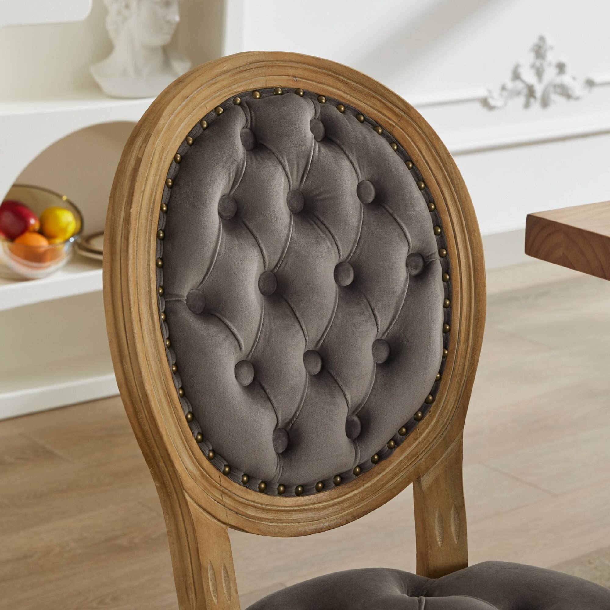 Alt View 6. GOODSILO - French Style Solid Wood Frame Antique Dining Chairs with Hand-Pulled Buckle Decoration and Nailhead Trim, Set of 2 - Gray.