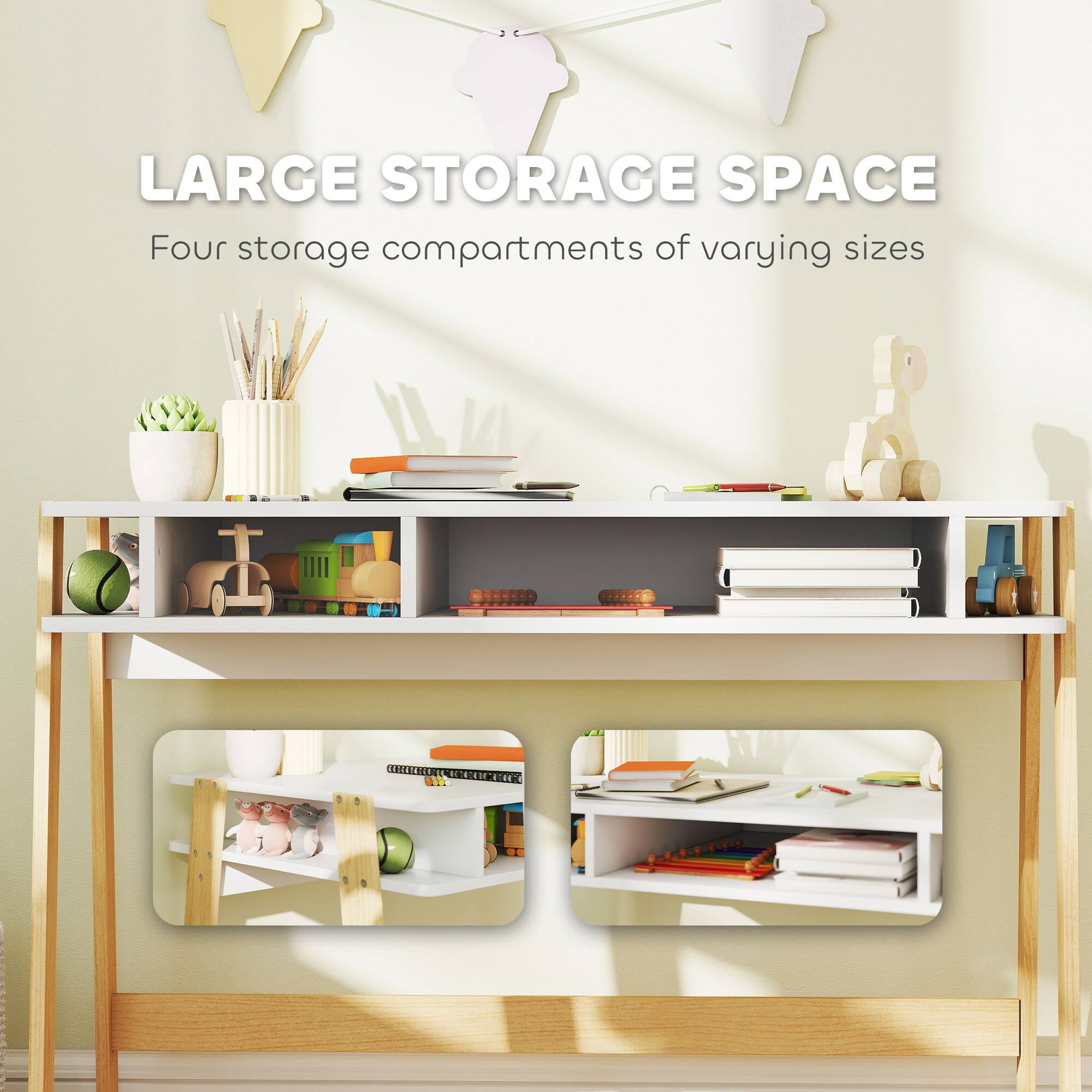 LARGE STORAGE SPACE  
Four storage compartments of varying sizes