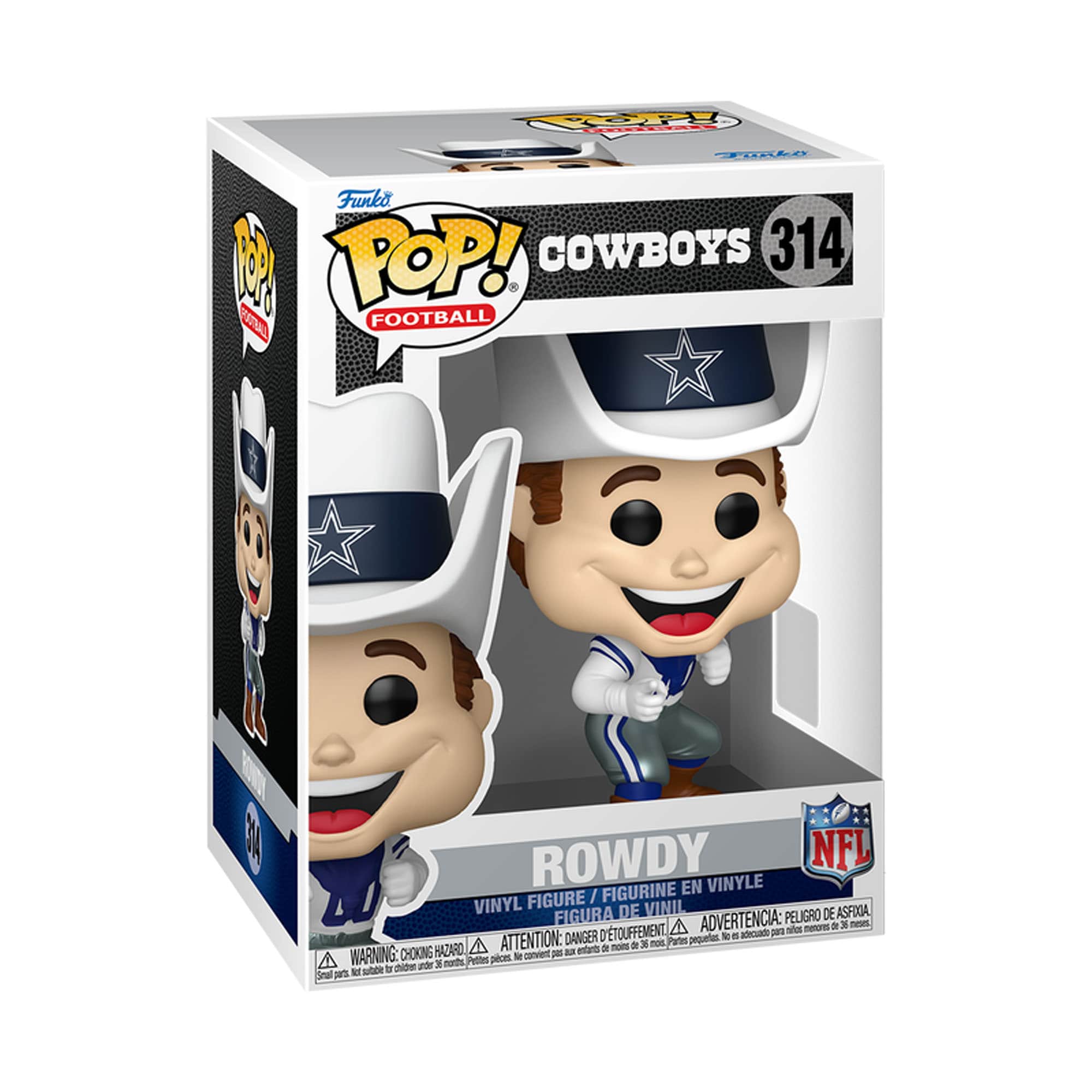 Sure, here is the corrected and grouped text from the image:

---

**Funko POP! FOOTBALL**

**COWBOYS 314**

**ROWDY**

**VINYL FIGURE / FIGURINE EN VINYLE / FIGURA DE VINIL**

**WARNING: CHOKING HAZARD - Small parts. Not for children under 3 years.**

**ADVERTENCIA: PELIGRO DE ASFIXIA - Pequeñas piezas. No es adecuado para niños menores de 3 años.**

**ATTENTION: DANGER D'ETOUFFEMENT - Petites pièces. Ne convient pas aux enfants de moins de 3 ans.**

**NFL**

---