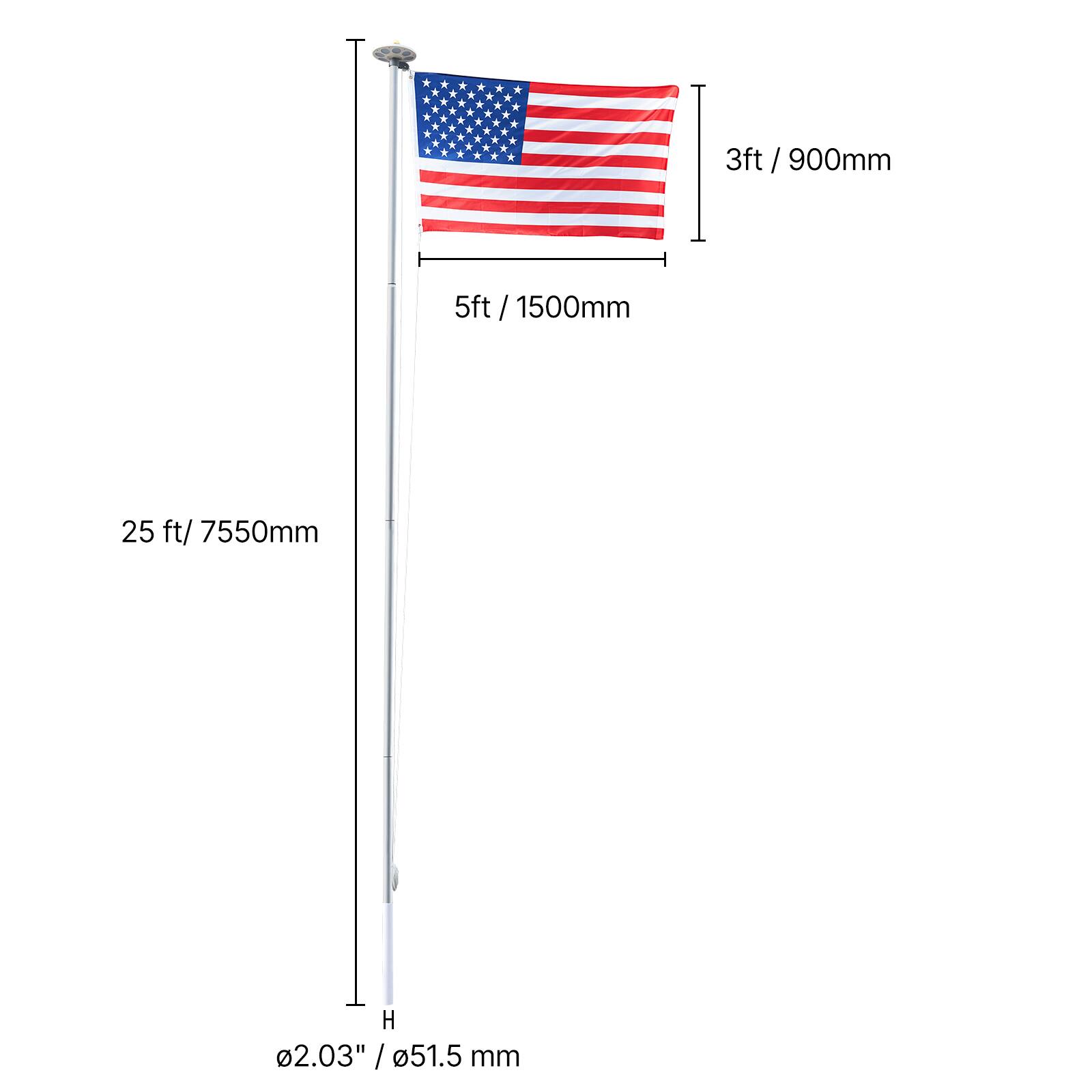 3ft / 900mm  
5ft / 1500mm  
25 ft / 7550mm  
H  
2.03" / 51.5 mm