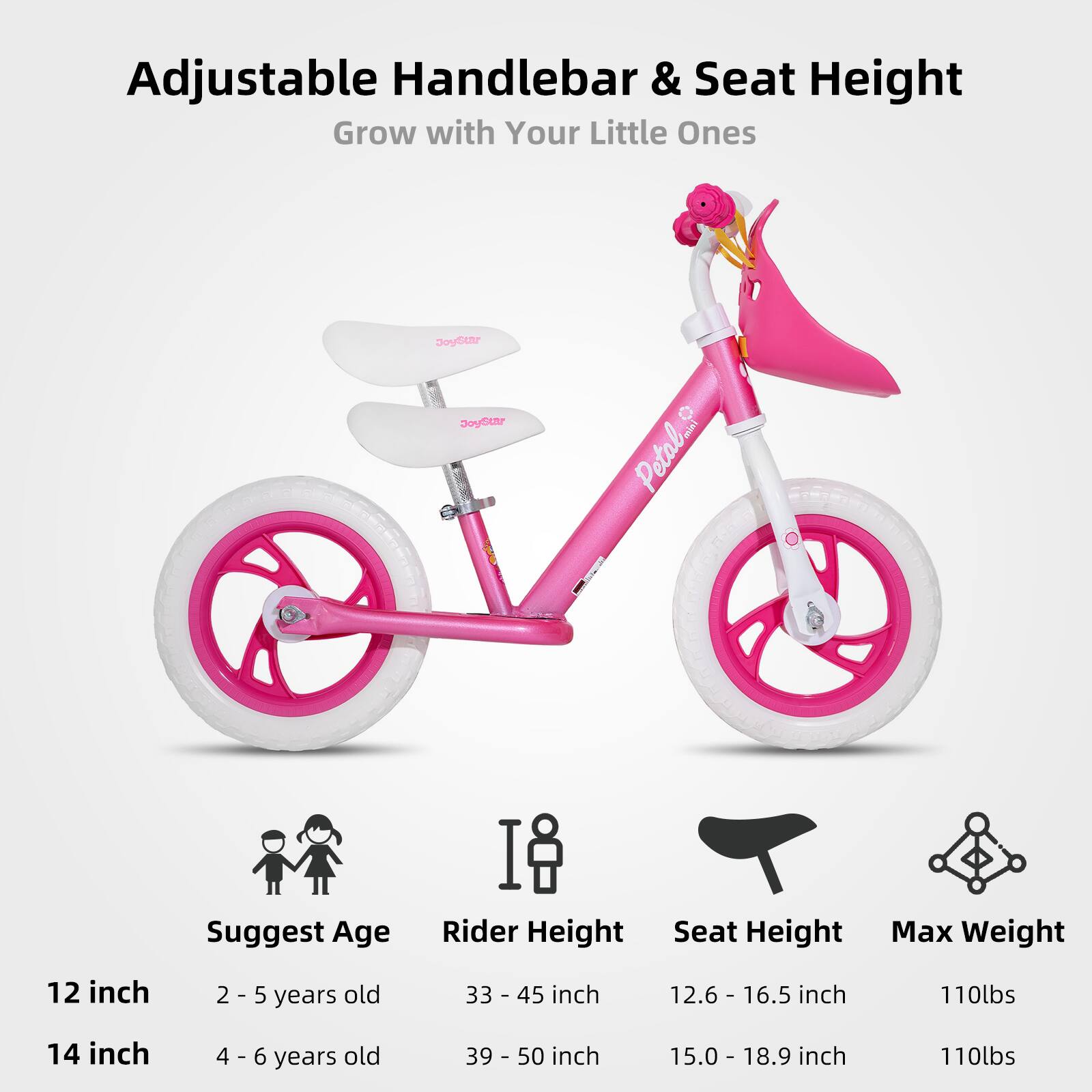 Adjustable Handlebar & Seat Height  
Grow with Your Little Ones  

Suggest Age | Rider Height | Seat Height | Max Weight  
12 inch | 2 - 5 years old | 33 - 45 inch | 12.6 - 16.5 inch | 110lbs  
14 inch | 4 - 6 years old | 39 - 50 inch | 15.0 - 18.9 inch | 110lbs