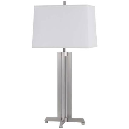 Front. Manhattan Lane - Liam Table Lamp, Drum Shade, 30 Inch Brushed Steel Footed Base - Brushed Steel, White.