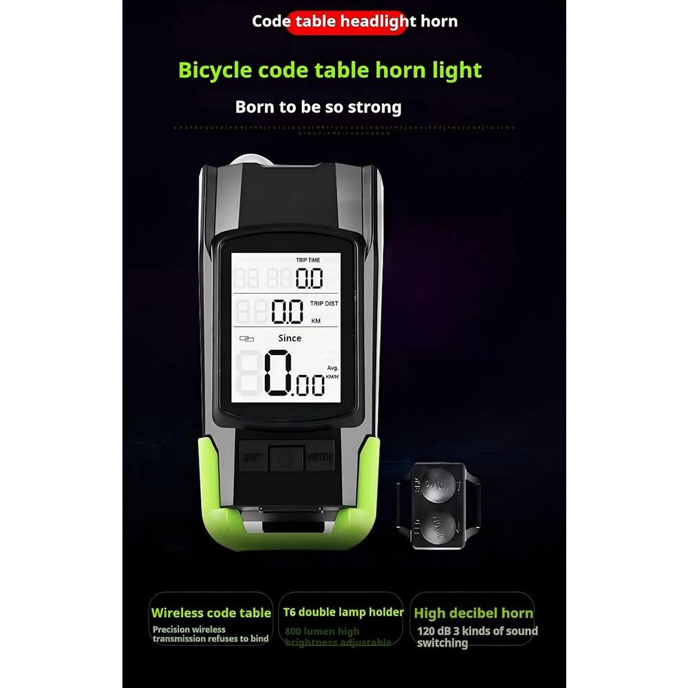 Code table headlight horn  
Bicycle code table horn light  
Born to be so strong  

Wireless code table  
Precision wireless transmission refuses to bind  

T6 double lamp holder  
800 lumen high brightness adjustable  

High decibel horn  
120 dB 3 kinds of sound switching