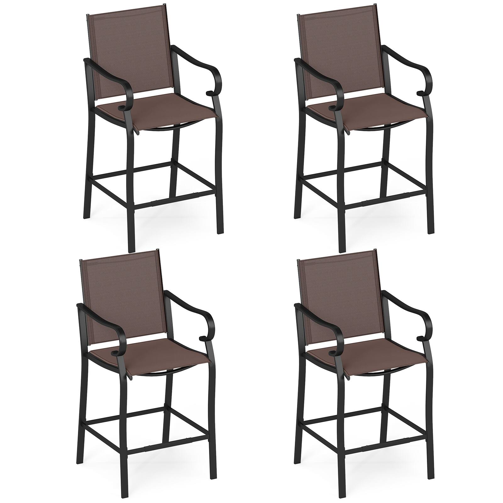 Gymax - Outdoor Counter Height Bar Stools Set of 4 w/ Back Armrest & Footrest - Brown, Black