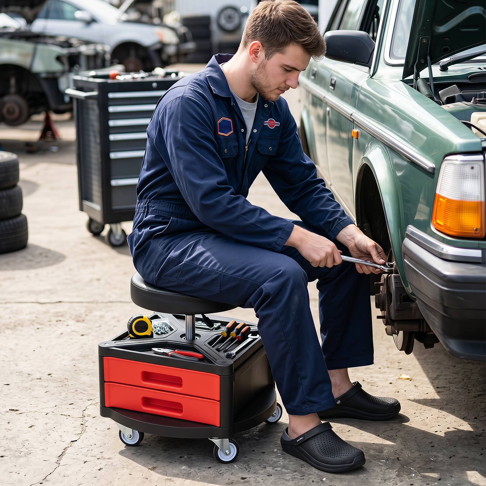 Alt View 3. Costway - Ironmax Rolling Mechanic Stool with Cushioned Seat Tool Tray 3 Drawers 5 Universal Wheels - Black and Red.
