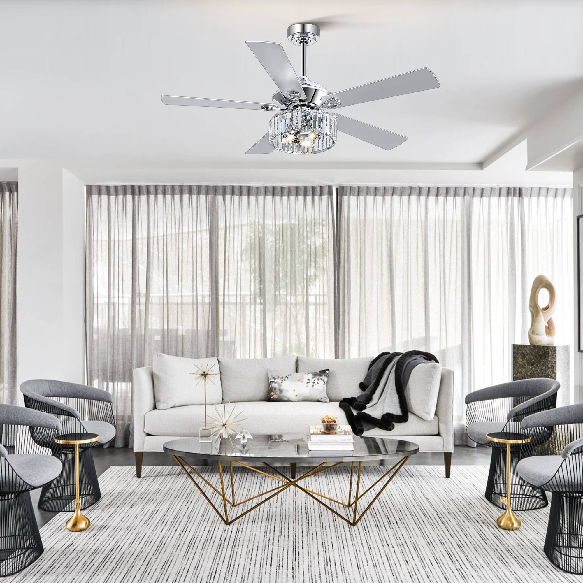 Alt View 5. Breezary - 52" Indoor Chandelier Ceiling Fan with Silver Blades & Crystal E12 Triple Light - Remote Included (5-Blade) - Chrome.