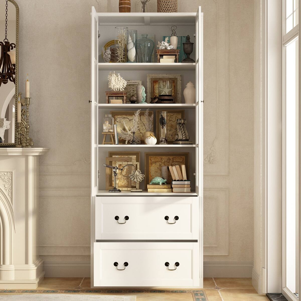 Alt View 1. Famapy - Famapy Glass - Door Bookcase Cabinet - Adjustable Shelves & Drawer Storage, Ideal for Living Room & Study - White.