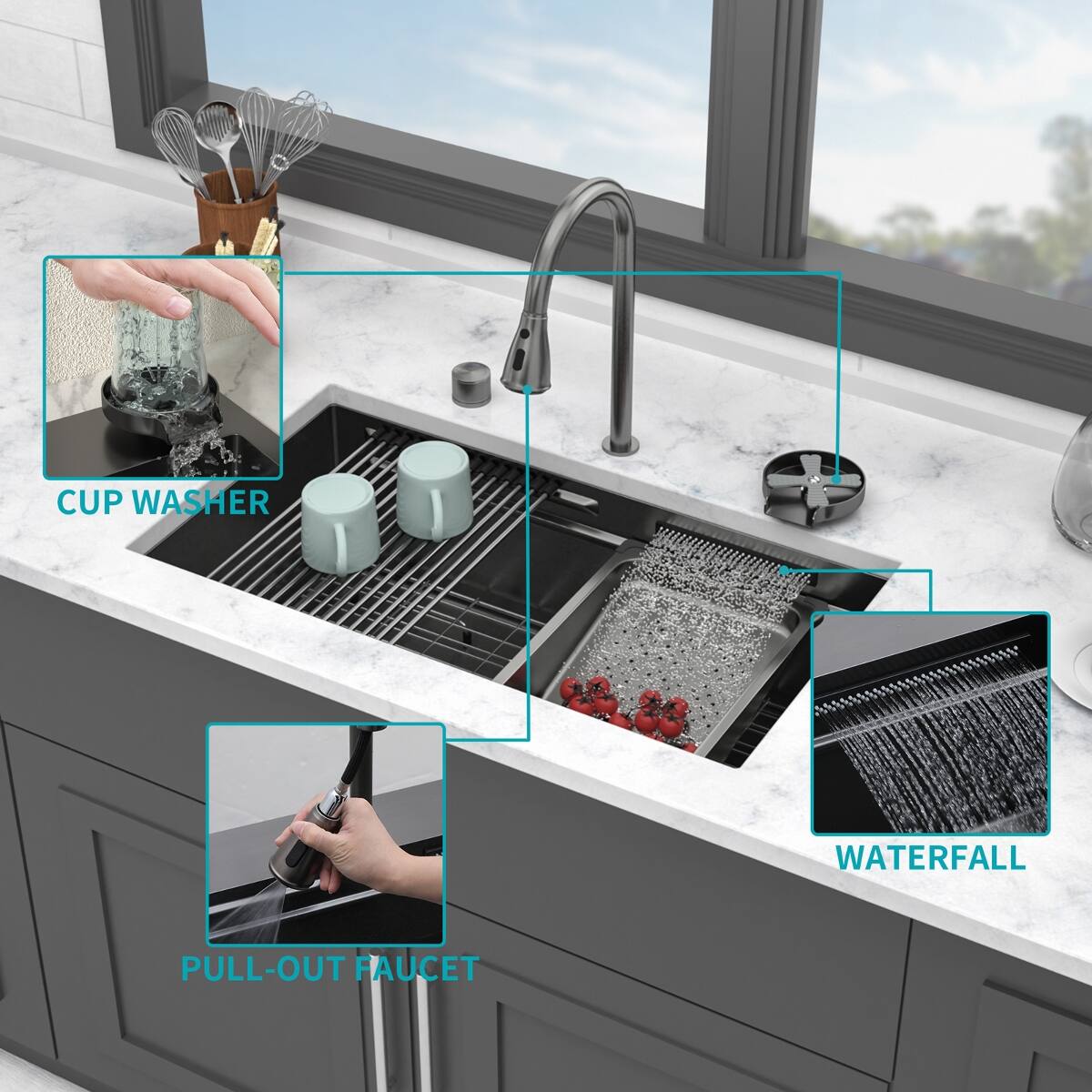 Ropilly 33 inch undermount kitchen sink single bowl with pull down ...