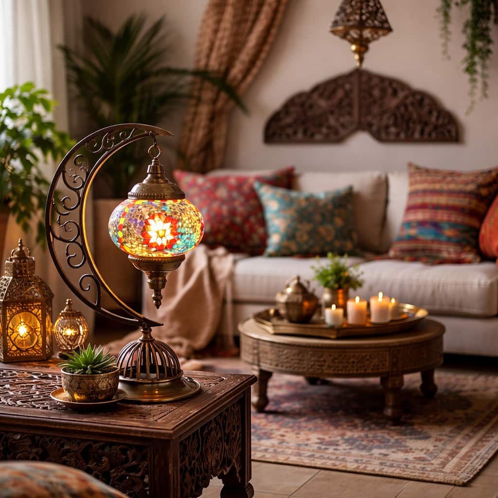 FC Design - 16"H Bronze Moon-Base Floral Star Mosaic Turkish Lamp