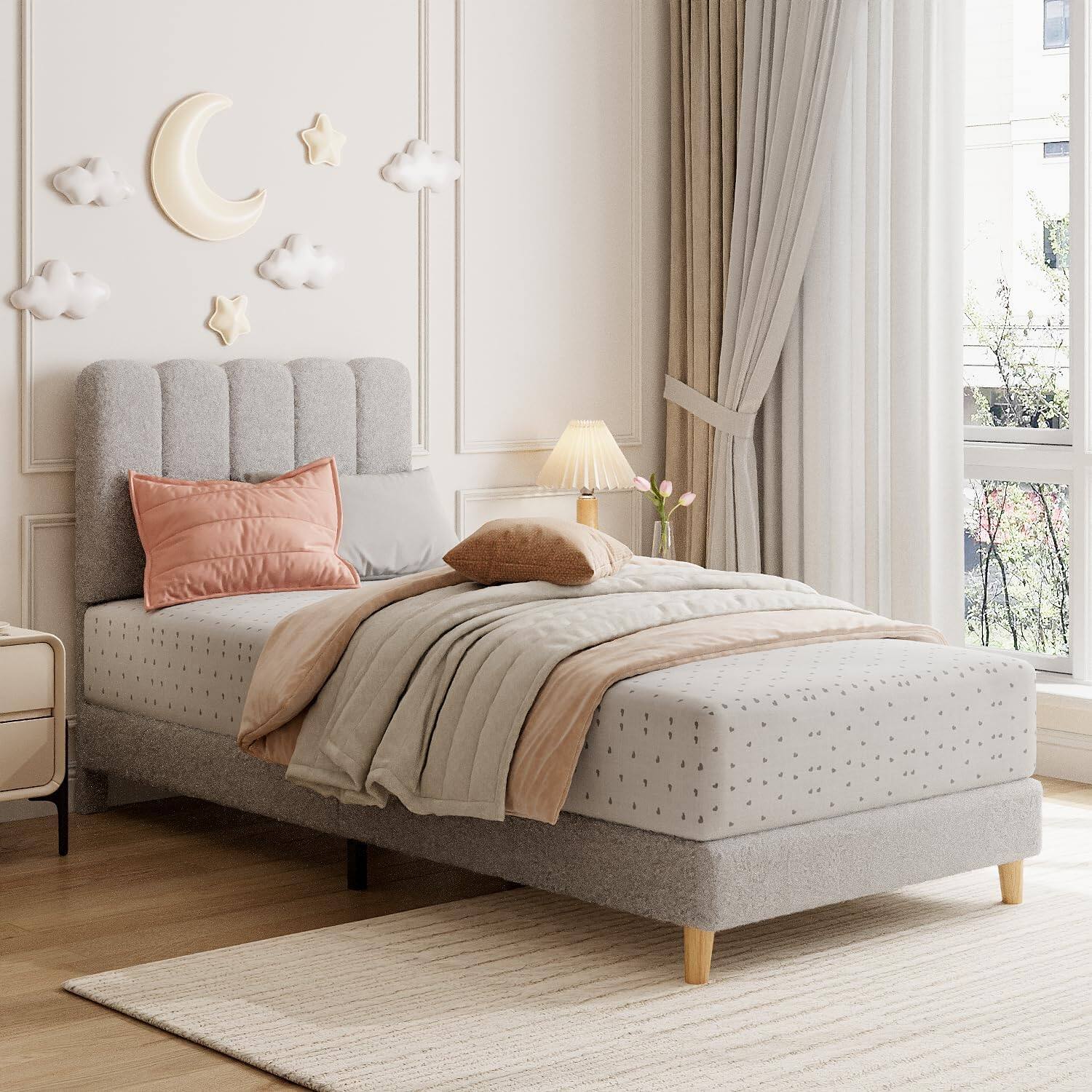 Angle. GARVEE - Twin Upholstered Platform Bed Frame with Wave Headboard, Wood Slats, No Box Spring Needed, for Kids or Teens - Gray.