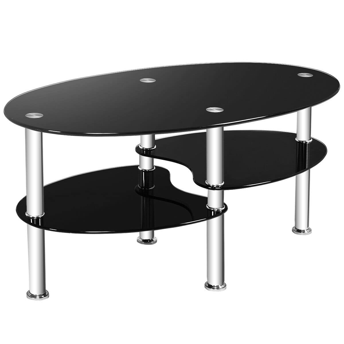 Costway - Tempered Glass Oval Side Coffee Table Shelf Chrome Base Living Room - Black price history on PriceWatchPro