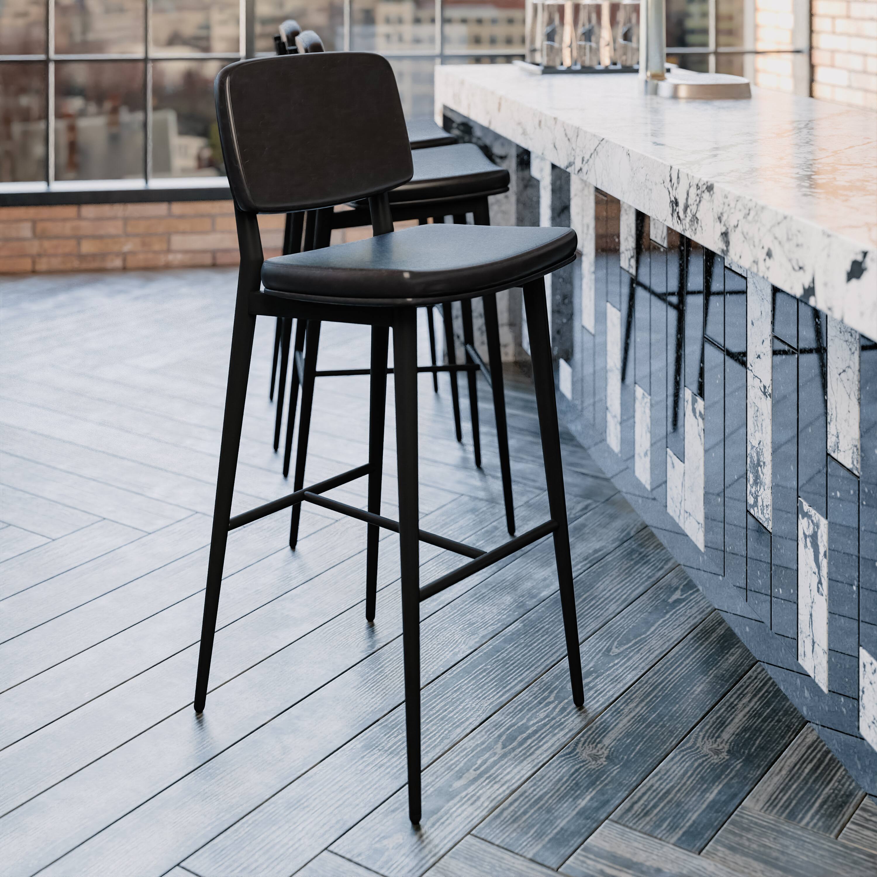 Alt View 4. Emma + Oliver - Set of 2 LeatherSoft Barstools with Iron Frame-Integrated Footrest - Black.