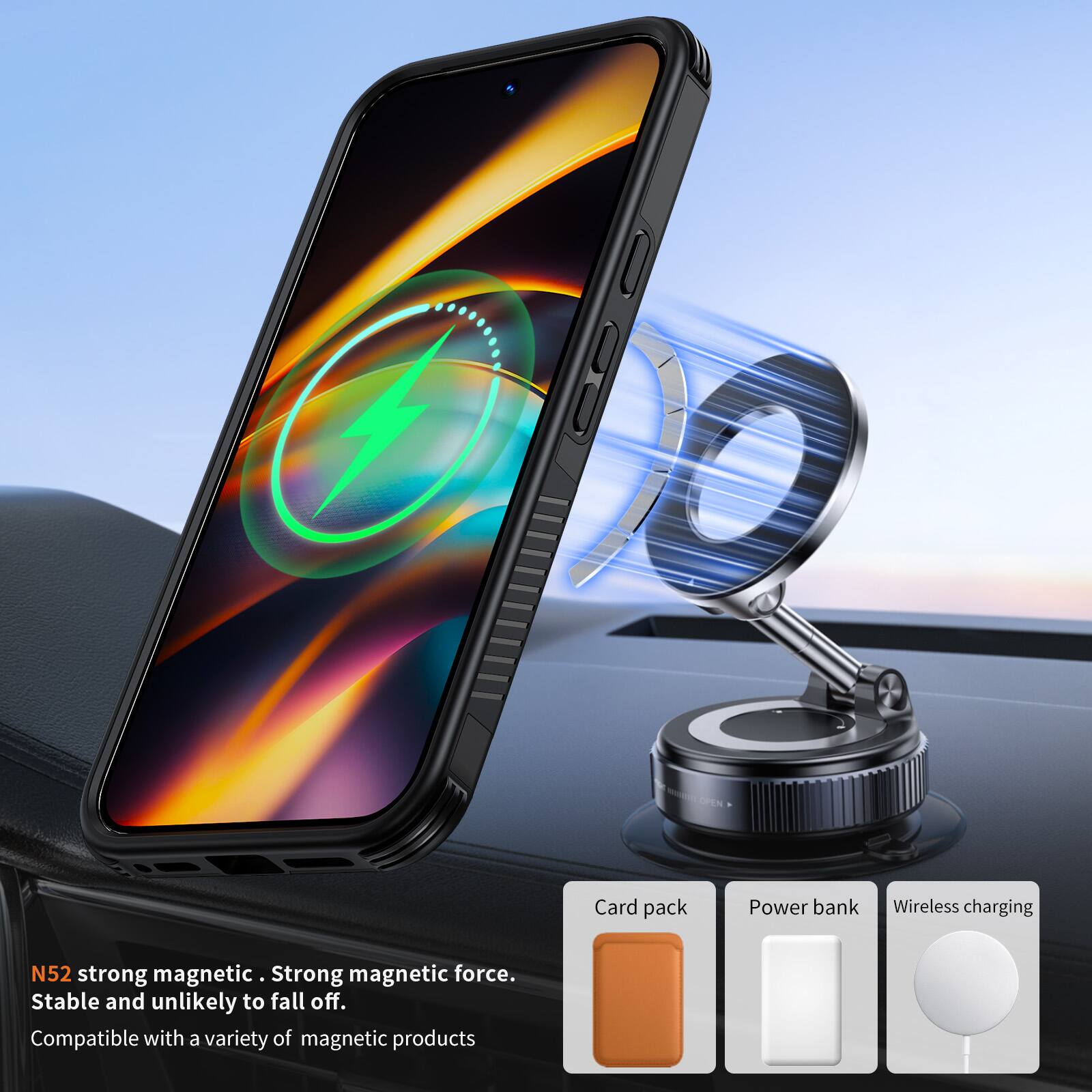 OPEN

Card pack  
Power bank  
Wireless charging  

N52 strong magnetic. Strong magnetic force. Stable and unlikely to fall off. Compatible with a variety of magnetic products