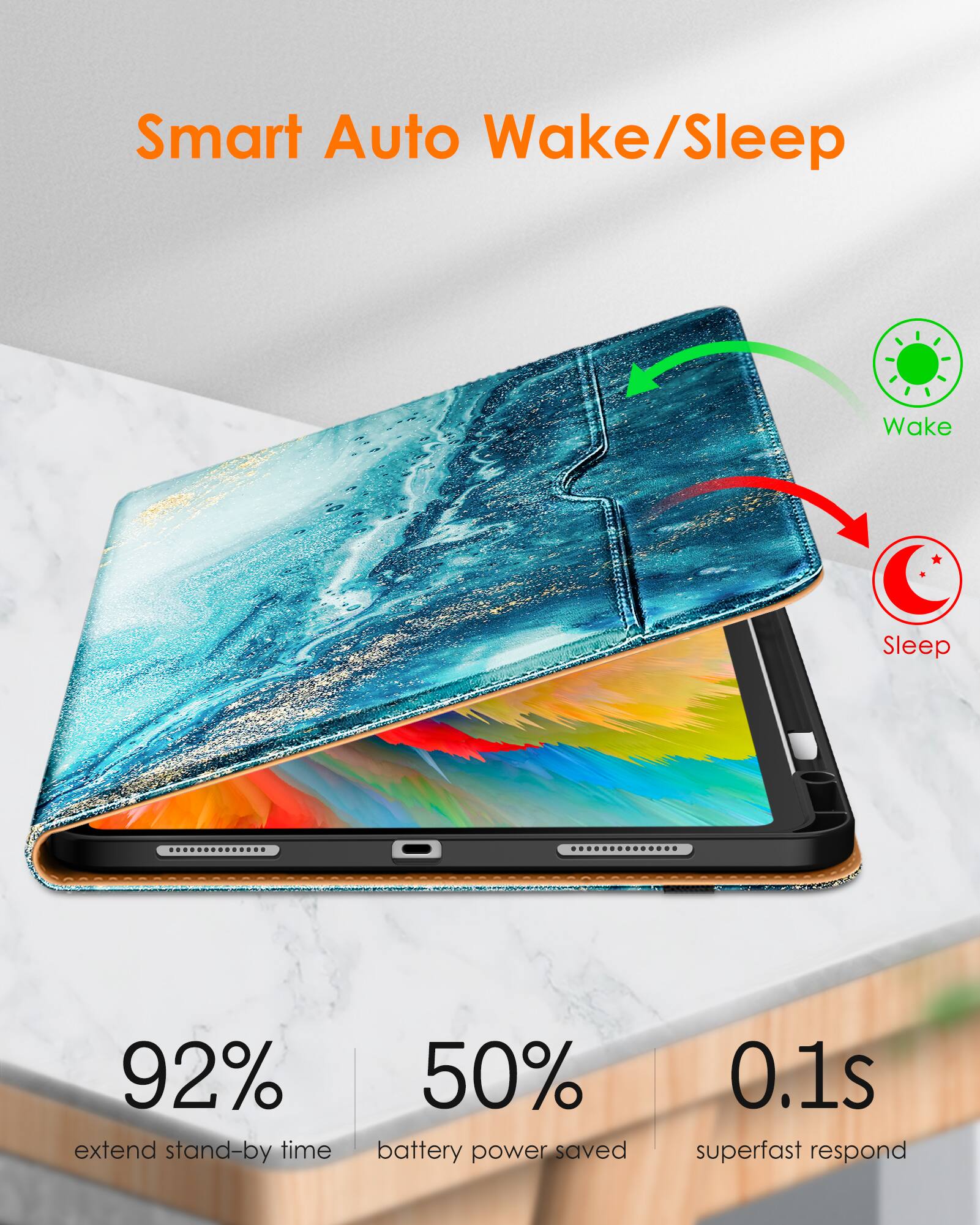 Smart Auto Wake/Sleep

- 92% extend stand-by time
- 50% battery power saved
- 0.1s superfast respond

Wake
Sleep