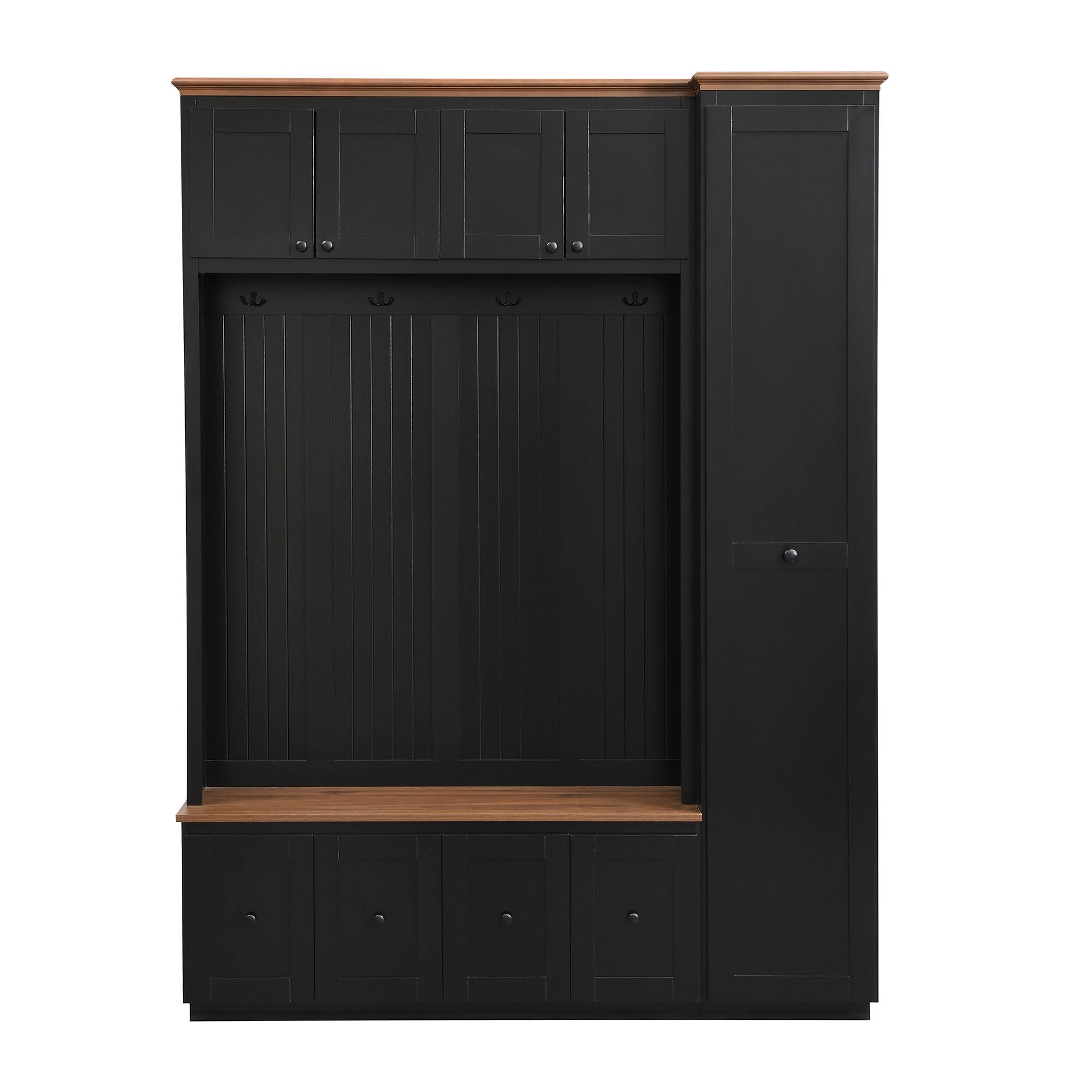 Back. Whisen - 78.7-Inch Hall Tree with Storage Bench, 5-in-1 Entryway Organizer with Cabinets & Drawers-Black - Black.