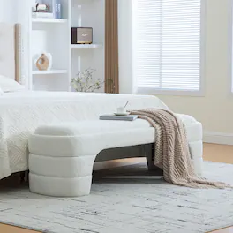 Ropilly - 65 Inch Boucle End of Bed Bench, Modern Armless Upholstered Ottoman Footstool for Entryway and Bedroom - White