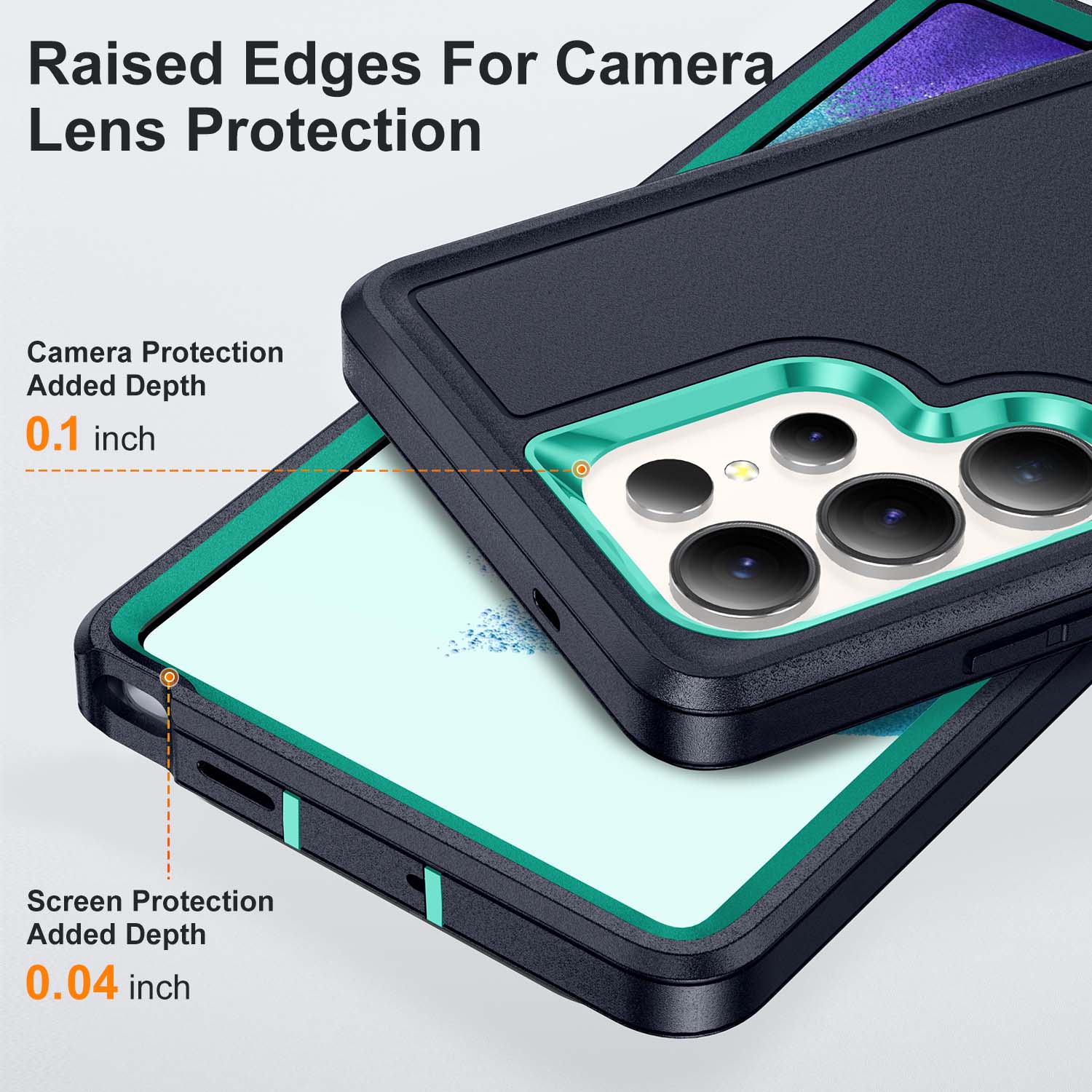 Raised Edges For Camera Lens Protection  
Camera Protection Added Depth 0.1 inch  
Screen Protection Added Depth 0.04 inch