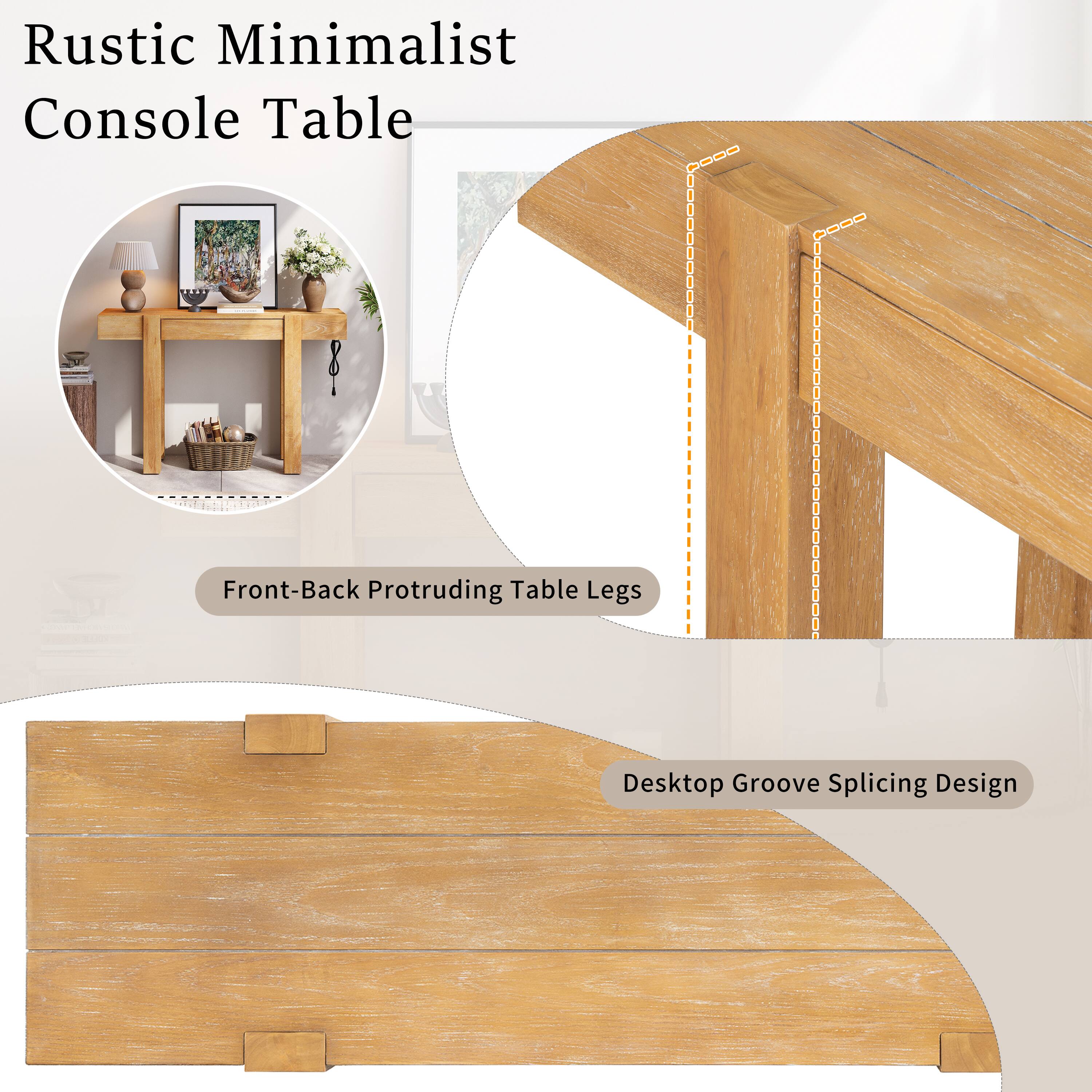 Rustic Minimalist Console Table  
Front-Back Protruding Table Legs  
Desktop Groove Splicing Design