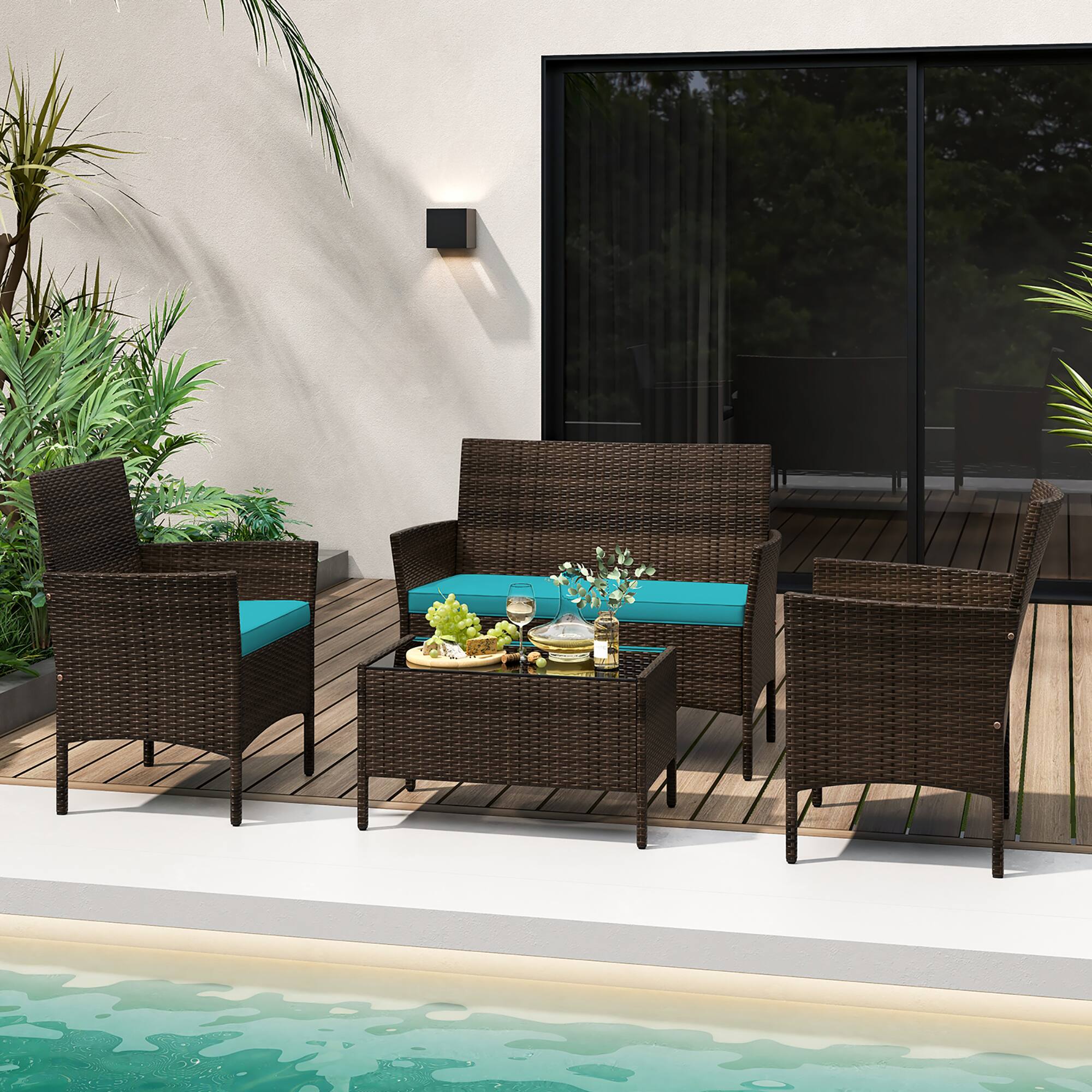Front. Gymax - Gymax 4 Piece Patio Rattan Conversation Set Wicker Furniture Set w/ Chair Loveseat Outdoor - Mix Brown, Turquoise.