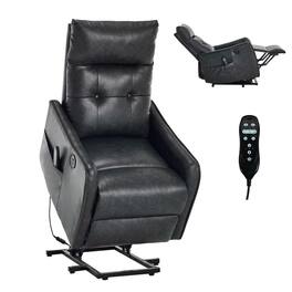 Kadyn - Power Lift Recliner Chair, Single Motor Massage & Heat, USB Port, 155° Recline, PU Leather - Gray