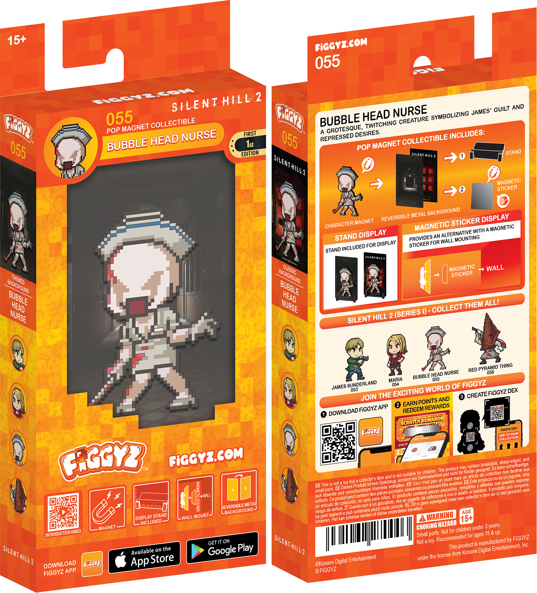 15+ FIGGYZ.COM  
055 FIGGYZ  
055 SILENT HILL 2  
BUBBLE HEAD NURSE  
POP MAGNET COLLECTIBLE  
FIRST EDITION  

A grotesque, twitching creature symbolizing James' guilt and repressed desires.  

INCLUDES:  
- BUBBLE HEAD NURSE CHARACTER MAGNET  
- REVERSIBLE METAL BACKGROUND  
- STAND DISPLAY  
- MAGNETIC STICKER  
- MAGNETIC STICKER FOR WALL MOUNTING  

STAND INCLUDED FOR DISPLAY  
PROVIDES AN ALTERNATIVE WITH MAGNETIC STAND DISPLAY  

CLASSIC BACKGROUND  
BUBBLE HEAD NURSE  

SILENT HILL 2 (SERIES I) - COLLECT THEM ALL!  

FIGGYZ.COM  

Available on the App Store  
Google Play  

DOWNLOAD FIGGYZ APP  

JOIN THE EXCITING WORLD OF FIGGYZ!  
- EARN POINTS AND REDEEM REWARDS  
- CREATE FIGGYZ DECK  

JAMES SUNDERLAND  
054  
MARIA  
060  
BUBBLE HEAD NURSE  
055  
RED PYRAMID THING  
06