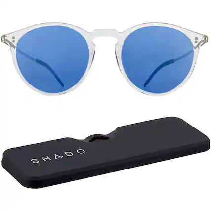 Front. ThinOptics - ThinOptics Los Altos Round Sunglasses with Case- Shiny Crystal/Blue Flash Mirror - Shiny Crystal/Blue Flash Mirror.