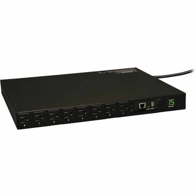Front. Tripp Lite - Eaton 1.4kW Single-Phase Switched PDU - LX Interface, 120V Outlets (16 5-15R), 5-15P, 120V Input, 12 ft. (3.66 m) Cord - Black.