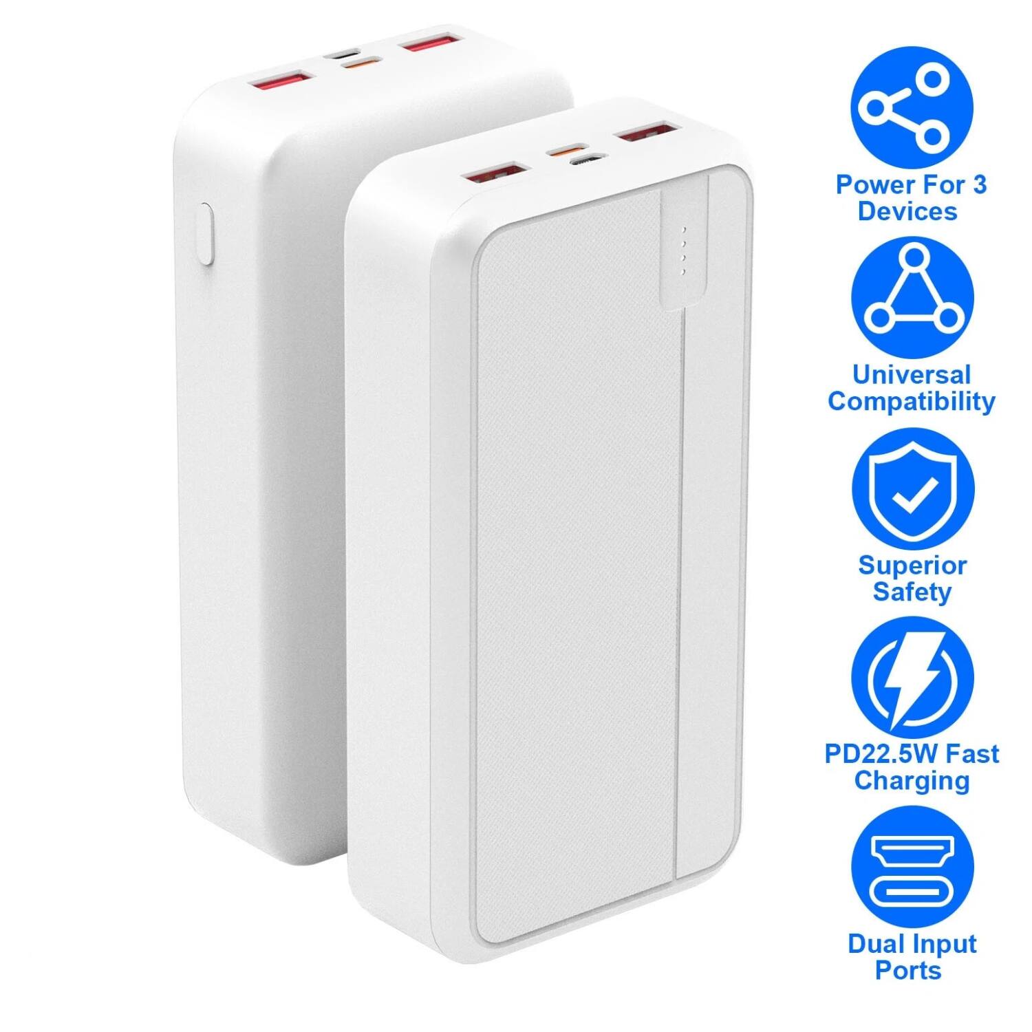 - Power For 3 Devices
- Universal Compatibility
- Superior Safety
- PD22.5W Fast Charging
- Dual Input Ports