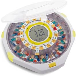 LiveFine - Bluetooth Automatic Pill Dispenser, 28-Day Capacity, Alerts, Lock & LCD - Frosted Lid