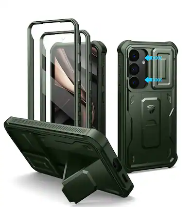 Front. dexnor - Dexnor for Samsung Galaxy S25 Case with Built-in Slide Camera Cover & Screen Protector & Kickstand,Army Green - Army Green.