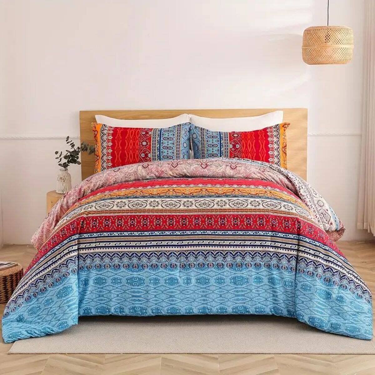 Angle. Shatex - Red and blue striped king 3 pieces comforter set, simple, vibrant, and versatile, available in multiple sizes - red.
