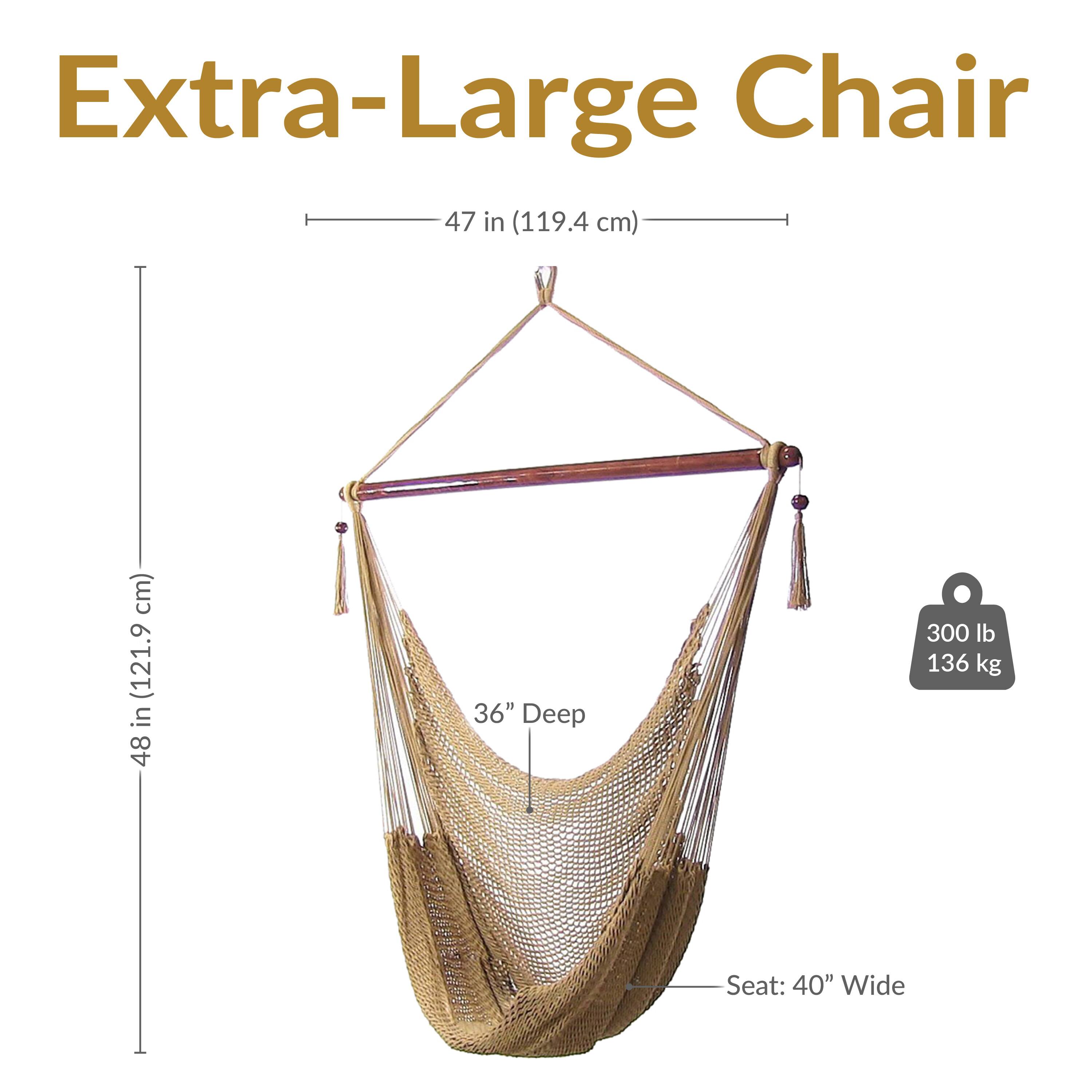Extra-Large Chair

- Height: 47 in (119.4 cm)
- Depth: 36 in (91.4 cm)
- Width: 40 in (101.6 cm)
- Weight Capacity: 300 lb (136 kg)