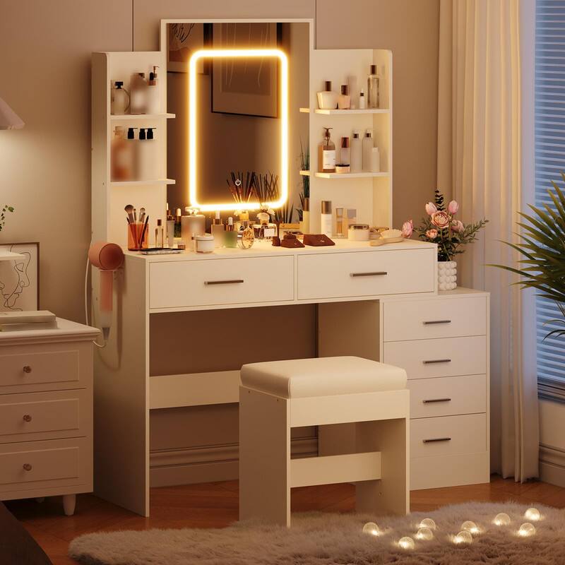 Back. Qeetex - Vanity Desk with Mirror, Lights, Stool, Charging Station, 6 Drawers, Adjustable LED, Organizer Table - White.