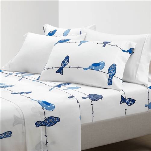 Angle. SlickBlue - Floral Birds on Wire 6 Piece Soft Polyester Bed Sheet Set for Bedroom - White, Blue.