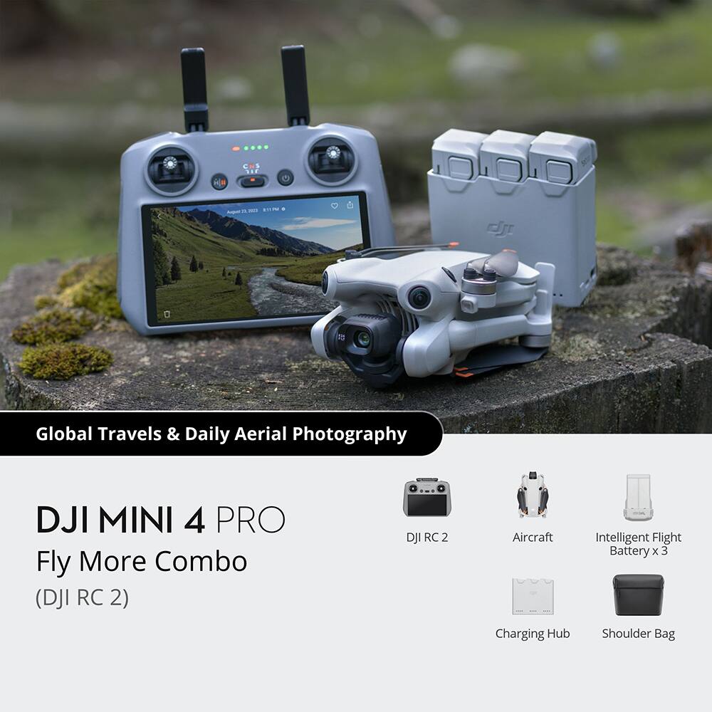 Global Travels & Daily Aerial Photography  
DJI MINI 4 PRO Fly More Combo (DJI RC 2)  
- DJI RC 2  
- Aircraft  
- Intelligent Flight Battery x 3  
- Charging Hub  
- Shoulder Bag