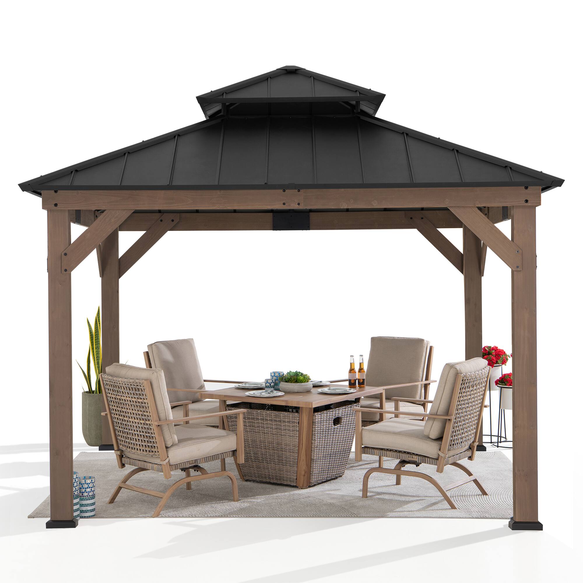 Angle. SUNJOY - Sunjoy Wooden 11’ x 11’ Outdoor Steel Hardtop Gazebo.